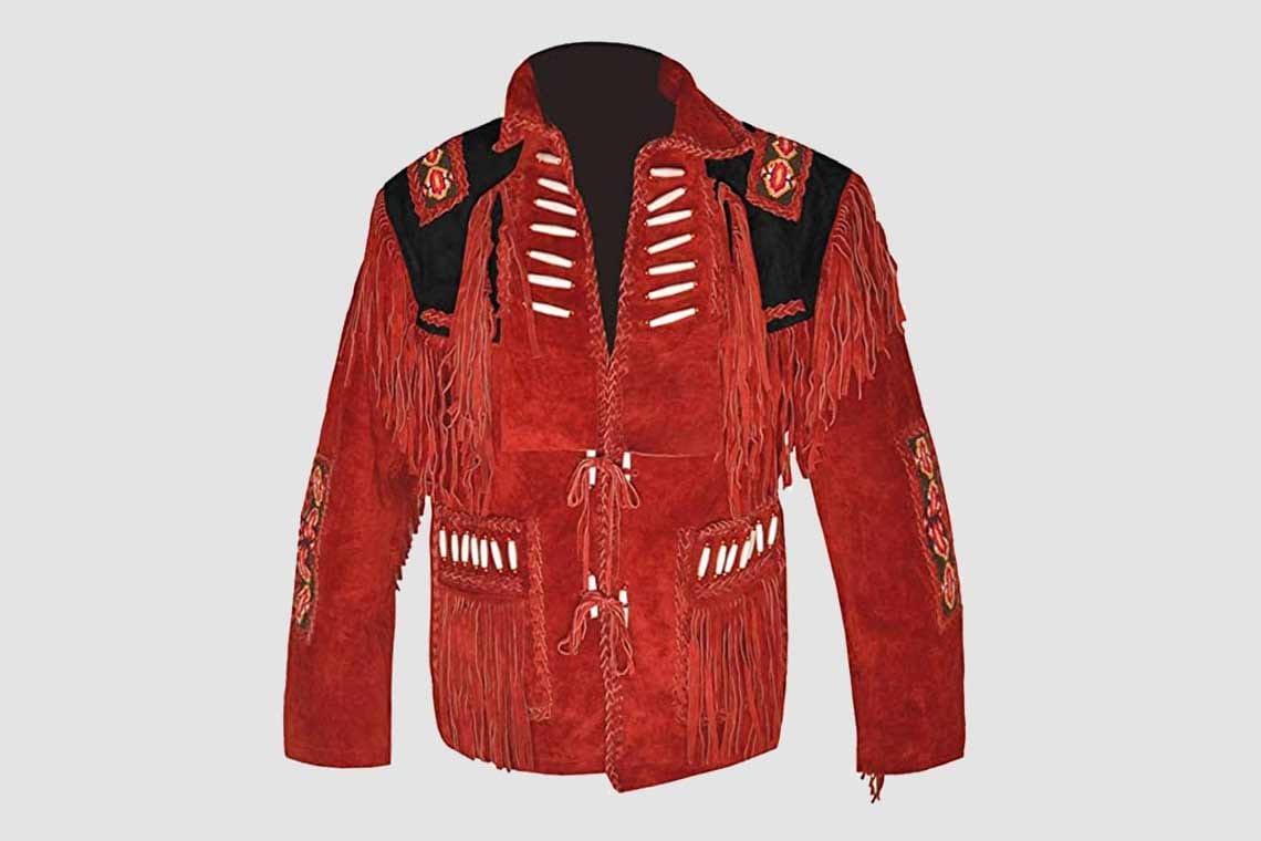 Men's crimson warrior fringe suede leather jacket with bone accents and black shoulder yoke front and back