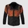 Men's black goat suede fringe jacket with contrasting brown fringe, braided yoke trim, and embroidered shoulder accents