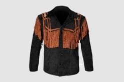 Men's black goat suede fringe jacket with contrasting brown fringe, braided yoke trim, and embroidered shoulder accents