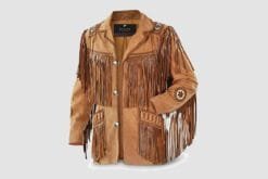 Men's tan cowhide suede fringe jacket with braided trim, geometric shoulder accents, and concho-style sleeve medallions