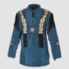 Woman wearing blue suede western fringe shirt with beaded detailing and long fringe sleeves