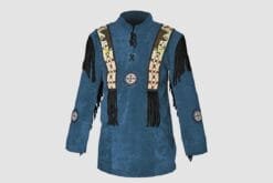 Woman wearing blue suede western fringe shirt with beaded detailing and long fringe sleeves