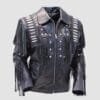 Men's black genuine leather fringe jacket with studded front panels and leather lace shoulder detailing