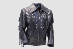 Men's black genuine leather fringe jacket with studded front panels and leather lace shoulder detailing
