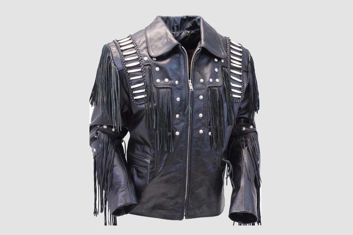 Men's black genuine leather fringe jacket with studded front panels and leather lace shoulder detailing