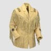 Men's beige genuine cowhide leather fringe jacket with embroidered shoulder panels and concho-style medallions