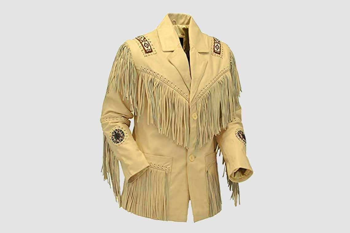 Men's beige genuine cowhide leather fringe jacket with embroidered shoulder panels and concho-style medallions