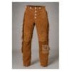 Men's brown suede fringe pants with white button fly and full-length side fringe