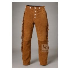Men's brown suede fringe pants with white button fly and full-length side fringe