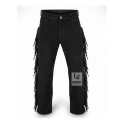 Men's black suede fringe pants with full-length side fringe and Western-inspired styling