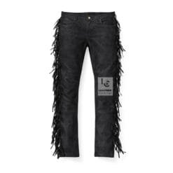 Men's black suede fringe pants with jeans-style pockets and full-length side fringe