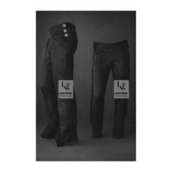 Men's black suede fringe pants with high-rise waistband and side button fly