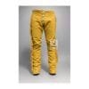 Men's yellow suede fringe pants with white button fly and full-length side fringe