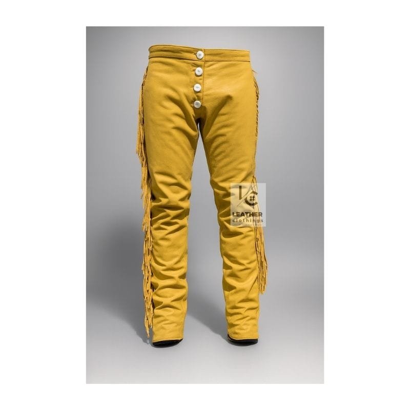 Men's yellow suede fringe pants with white button fly and full-length side fringe
