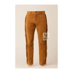 Men's rust brown suede fringe pants with full-length side fringe and cowboy-inspired styling