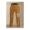 Men's tan suede fringe pants with Southwestern side panels and full-length fringe