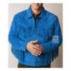 Men’s Blue suede fringe jacket with running stitch lacing and YKK zipper