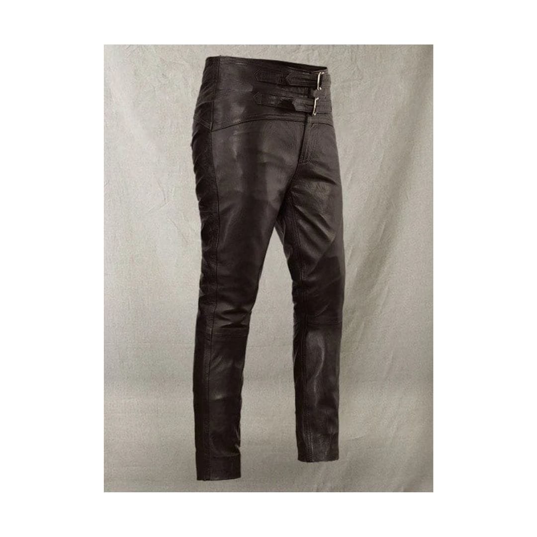 Men Black Leather Pant With Buckle Belts MLP1