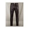 Men's dark brown cowhide leather pants with double buckle adjustable waistband shown from front, side, and back