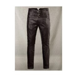 Men's dark brown cowhide leather pants with double buckle adjustable waistband shown from front, side, and back