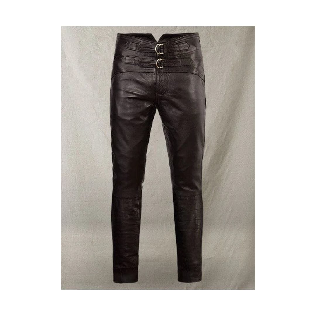 Men's dark brown cowhide leather pants with double buckle adjustable waistband shown from front, side, and back