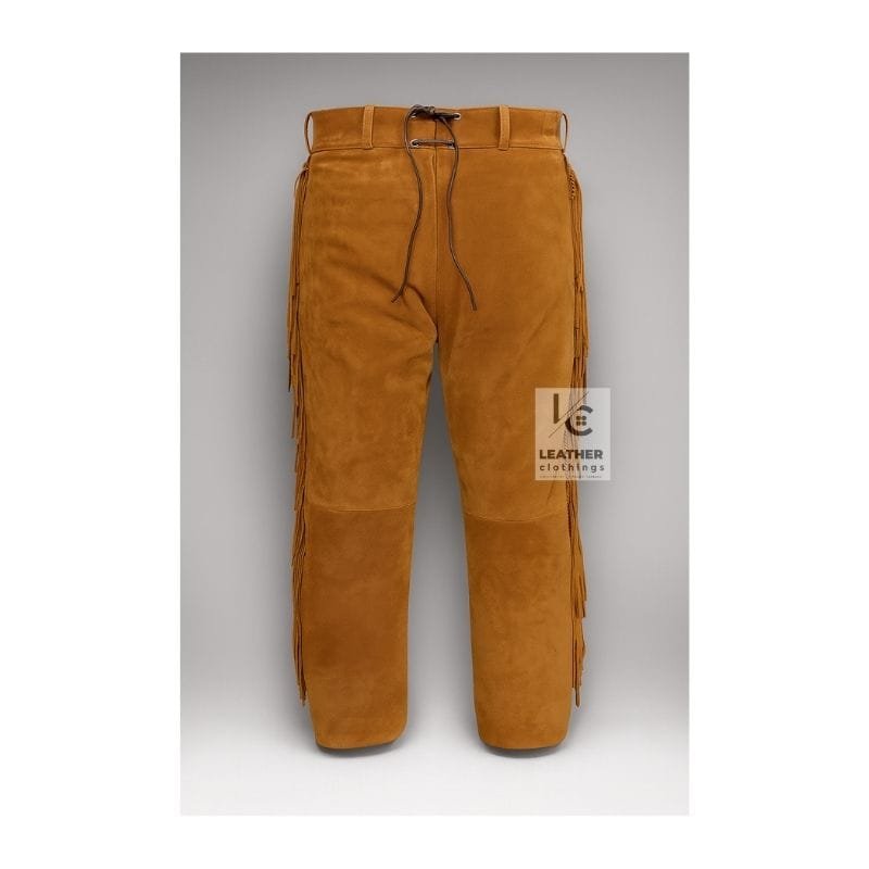 Men's brown suede fringe pants with drawstring waist and full-length side fringe