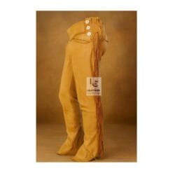Men's camel brown suede fringe pants with high-rise cowboy waistband and side button fly