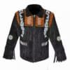 Men's plain style black suede fringe jacket with eagle-inspired beadwork and decorative bone accents