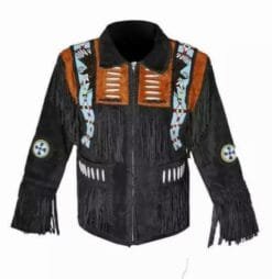 Men's plain style black suede fringe jacket with eagle-inspired beadwork and decorative bone accents
