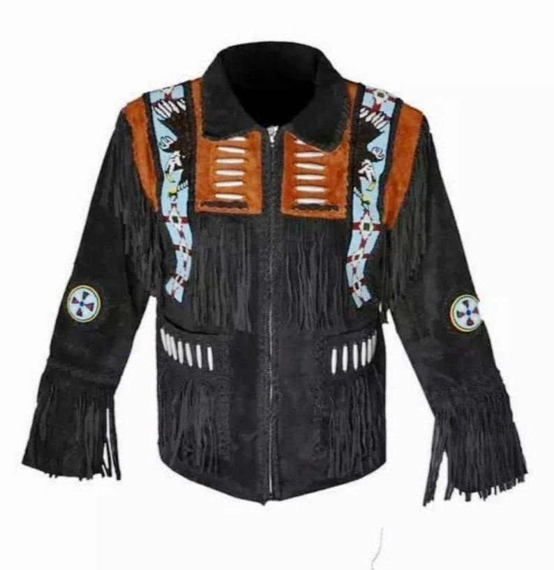 Men's plain style black suede fringe jacket with eagle-inspired beadwork and decorative bone accents