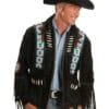 Men's cowboy style black suede eagle beaded fringe jacket with decorative bone accents