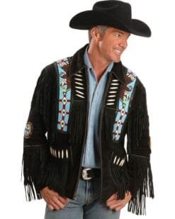 Men's cowboy style black suede eagle beaded fringe jacket with decorative bone accents
