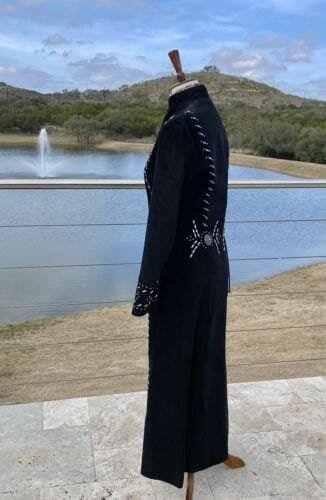 Women Black Suede Cowgirl Long Coat With Fringes & Bones