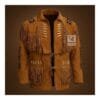Men's saddle brown suede cowboy jacket with handcrafted beadwork and long fringe detailing