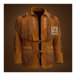 Men's saddle brown suede cowboy jacket with handcrafted beadwork and long fringe detailing
