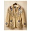Men’s beige suede fringe jacket with embroidered shoulder panels and decorative medallions