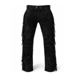 Men's black suede fringe pants with adjustable drawstring waist and full-length side fringe