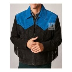 Men’s black and blue suede fringe jacket with running stitch lacing and YKK zipper