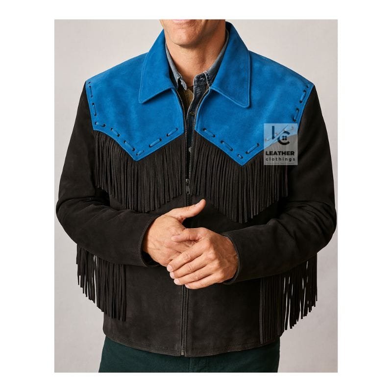 Men’s black and blue suede fringe jacket with running stitch lacing and YKK zipper
