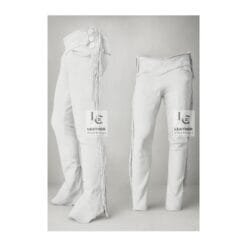 Men's gray suede fringe pants with high-rise cowboy waistband and side button fly