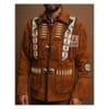 Men's cowboy style orange brown suede eagle beaded fringe jacket with decorative bone accents