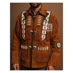 Men's cowboy style orange brown suede eagle beaded fringe jacket with decorative bone accents