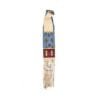 Close-up of a handcrafted Plains-style beaded suede pouch with long fringe and geometric glass bead patterns.