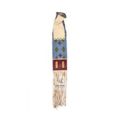 Close-up of a handcrafted Plains-style beaded suede pouch with long fringe and geometric glass bead patterns.