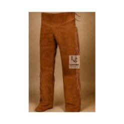 Men's rust brown suede fringe pants with high-rise Western waistband and full-length side fringe