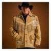 Men's prairie tan goat suede fringe jacket with braided trim, rosette accents, and cutout leather detailing
