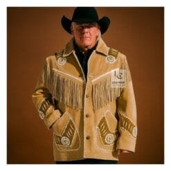 Men's prairie tan goat suede fringe jacket with braided trim, rosette accents, and cutout leather detailing