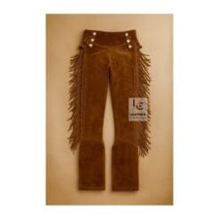 Men's dark brown suede fringe pants with high-rise Western waistband and white button fly