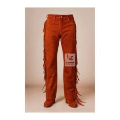 Men's reddish brown suede fringe pants with full-length side fringe and cowboy-inspired styling