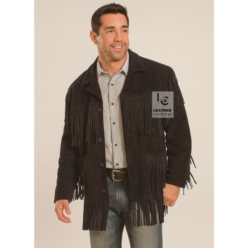 Men's black goat suede fringe ranch jacket with long fringe on chest, back, sleeves, and hem